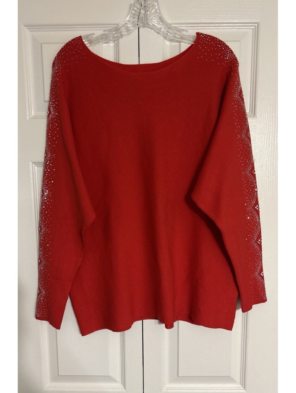 Vila Milano Pullover Sweater Red Embellished Boat Neck Knit Size XL